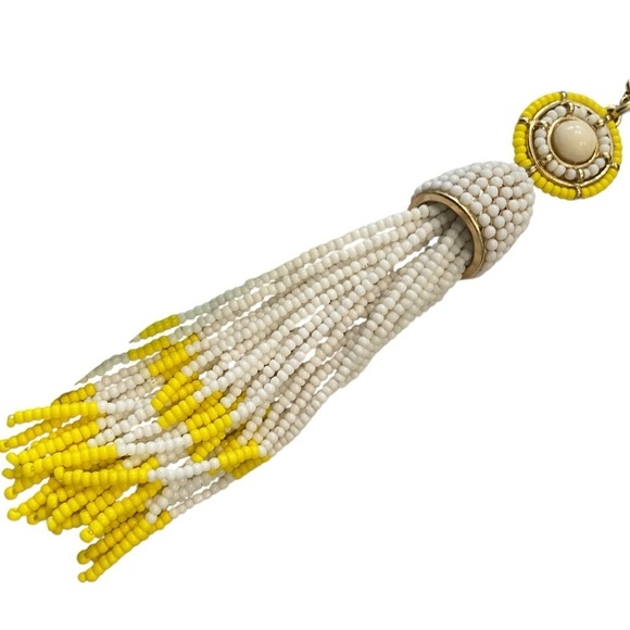 Talbots goldtone chain long necklace white/yellow seed bead circle & tassel - Picture 4 of 11